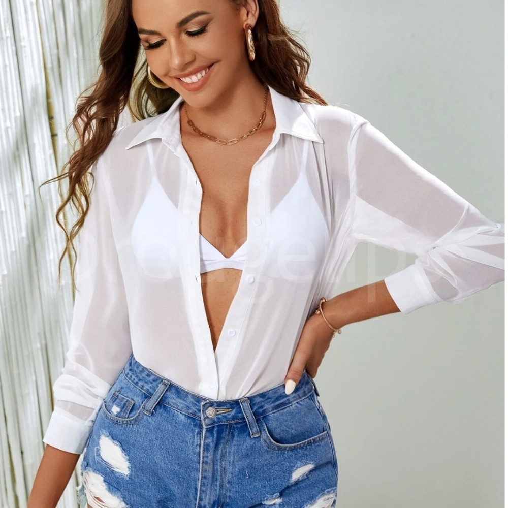 White Sheer Chiffon Button Down Shirt Long Sleeve